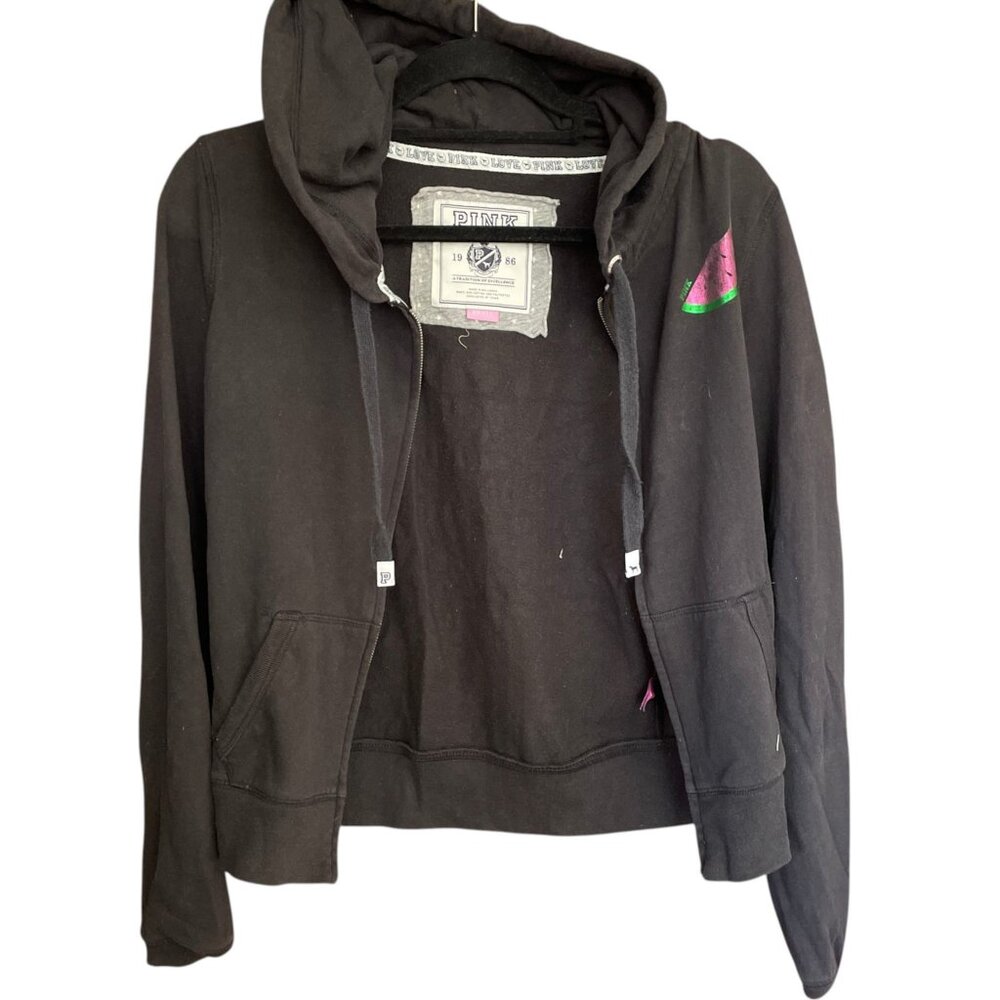RARE Vintage VS PINK Black Full Zip Hoodie Watermelon Patch Y2K S